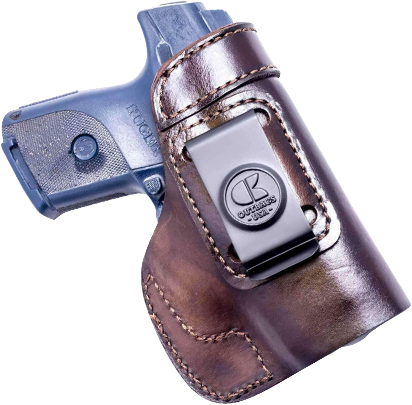 Brown leather holster with gun