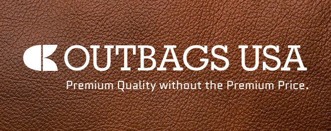 White Outbags, USA logo over brown leather