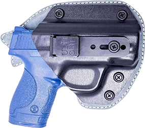 Blue-handled gun in holster